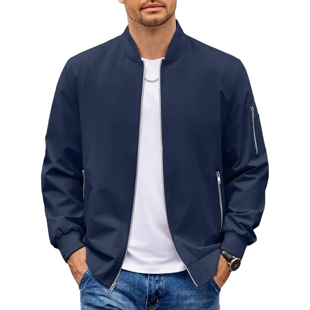 Men's Fashion Stylish Navy Bomber Jacket Coat Lightweight Casual Zip Up Pocket